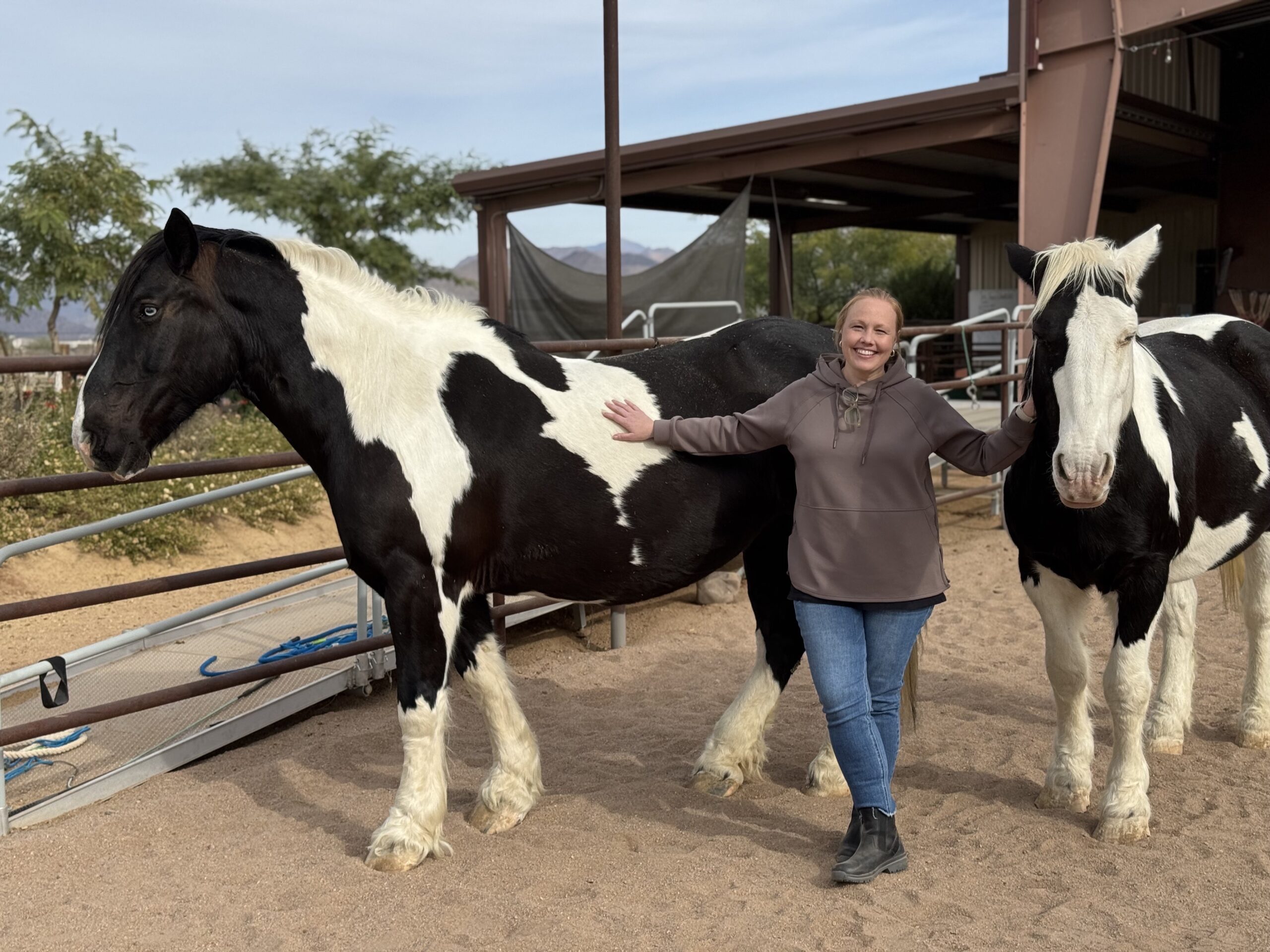 Colette Junod - a member of the Eagala ethics committee - standing between two horses